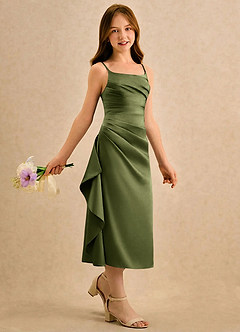 Azazie Canna Girls Formal Abiti da Ragazza di Fiori Abito A-Line in Raso Elasticizzato Plissettato Oliva image3