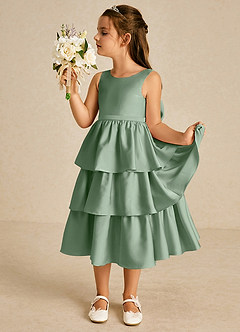 Azazie Margery Flower Girl Dresses Matcha A-Line Bow Stretch Satin Dress image4