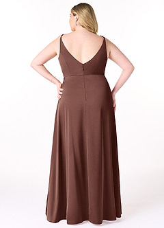 Azazie Dalilah Brautjungfernkleider A-Linie V-Hals Gefaltet Stretch-Satin Kleid Espresso image7
