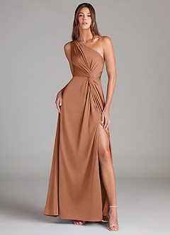 Azazie Brooke Bridesmaid Dresses Bronzer A-Line One Shoulder Stretch Satin Dress image1