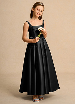 Azazie Mochi Girl Jurken voor bloemenmeisjes Baljurk Jurk van Mat Satijn Geplooid Zwart image4