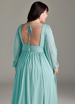 Azazie Norah Bridesmaid Dresses Aqua A-Line V-Neck Long Sleeve Chiffon Dress image13
