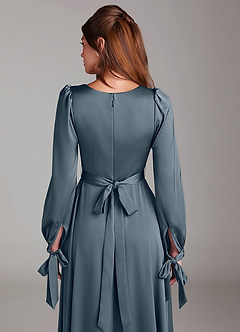 Azazie Leonia Bridesmaid Dresses Twilight A-Line Long Sleeve Stretch Satin Dress image7