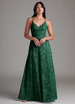 Azazie Davis Bridesmaid Dresses Dark Green A-Line Pleated Floral Burnout Dress image3