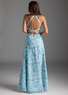 Azazie Clarice Vestidos de madrinha de casamento Vestir Floral Samambaia Azul de Chiffon de Linha A com Pescoço alto image4