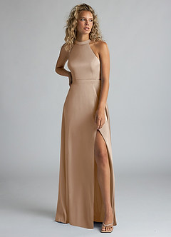 Azazie Clarice Bridesmaid Dresses Taupe A-Line High Neck Stretch Satin Dress image5