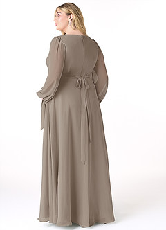 Azazie Leonia Bridesmaid Dresses Taupe A-Line Long Sleeve Chiffon Dress image2