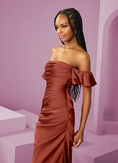 Barbie ♥ Azazie Robes de demoiselle d'honneur Robe Fourreau Convertible en Satin extensible Épaule décolletée Terracotta image6