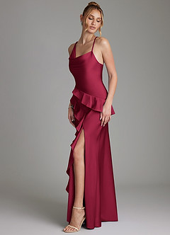 Azazie Jayda Bridesmaid Dresses Burgundy A-Line Ruched Stretch Satin Dress image5