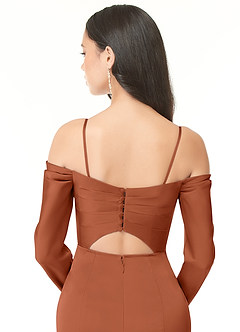 Azazie Hallie Bridesmaid Dresses Cedar Rose Sheath Off-The-Shoulder Long Sleeve Stretch Satin Convertible Dress image8