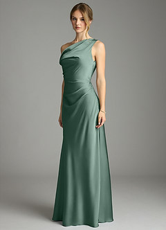 Azazie Emerson Bridesmaid Dresses Eucalyptus Mermaid Off the Shoulder Stretch Satin Dress image2