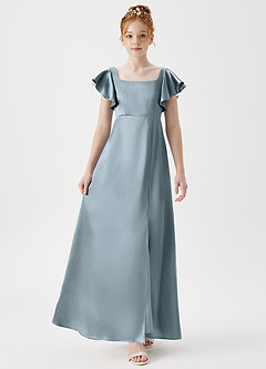 Azazie Bondi Junior Dusty Blue A-Line Side Slit Metallic Satin Dress image4