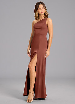 Azazie Phaedra Bridesmaid Dresses Auburn A-Line One Shoulder Stretch Satin Dress image3