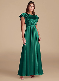 Azazie Daphne Vestidos modestos de dama de honra Vestir Linha A Ruched Comprimento do chão Cetim Metálico image4