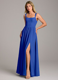 Azazie Rosaline Bridesmaid Dresses Royal Blue A-Line Side Slit Chiffon Dress image3