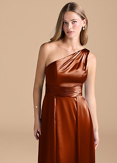 Azazie Dallas Bridesmaid Dresses Auburn A-Line One Shoulder Metallic Satin Dress image6