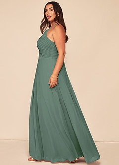 Azazie Ginger Vestidos de damas de honor Vestido de Eucalipto de Gasa de Corte en A con Halter Plisado image13