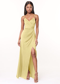 Azazie Maci Bridesmaid Dresses Lemon Sorbet A-Line V-Neck Pleated Stretch Satin Dress image1