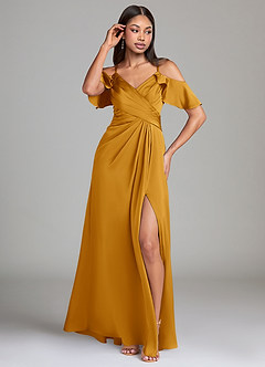 Azazie Dakota Bridesmaid Dresses Butterscotch A-Line Off the Shoulder Stretch Satin Dress image4