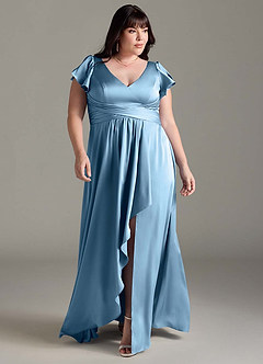 Azazie Omari Bridesmaid Dresses Steel Blue A-Line Stretch Satin Dress image8