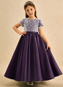 Azazie Cashew Flower Girl Dresses Plum Ball-Gown with Sleeves Matte Satin Dress image2