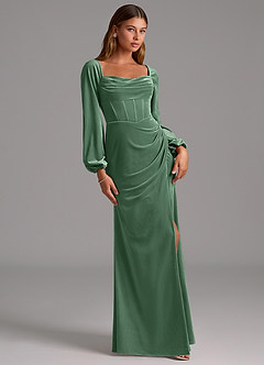 Azazie Charissa Bridesmaid Dresses Eucalyptus Sheath Long Sleeve Velvet Dress image3