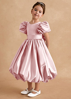 Azazie Jellybean Flower Girl Dresses Powder Pink Ball-Gown Ruched Matte Satin Dress image4