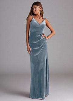 Azazie Leo Bridesmaid Dresses Dusty Blue Sheath Pleated Velvet Dress image4