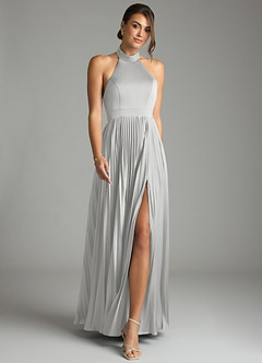 Azazie Zienna 신부 들러리 드레스 A라인 주름진 스트레치 새틴 바닥 길이 드레스 image4