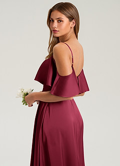 Azazie Jean Bridesmaid Dresses Burgundy A-Line Off the Shoulder Stretch Satin Dress image7