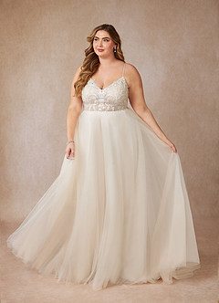 Azazie Tatiana Diamond White Nude A-Line V-Neck Sequins Tulle Dress