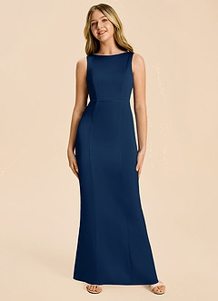 Azazie Emi Junior Dark Navy Sheath Bow Stretch Satin Dress image6