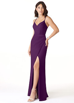 Azazie Leo Vestidos de damas de honor Vestido de Uva de Gasa de Corte Sirena con Cuello en V Plisado image3