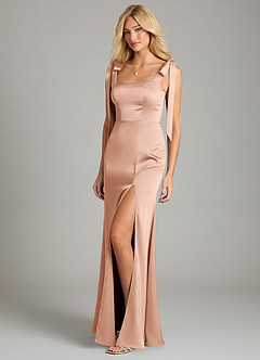 Azazie Frostine Vestidos de damas de honor Vestido de Oro Rosa de Satén Elástico de Corte en A con Lazo image1