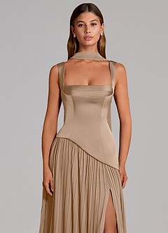 Azazie Stephanie 신부 들러리 드레스 A라인 주름진 스트레치 새틴 바닥 길이 드레스 image6