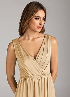 Azazie Tanicia Bridesmaid Dresses Gold A-Line Pleated Stretch Satin Dress image6
