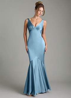 Azazie Alena Bridesmaid Dresses Steel Blue Mermaid Pleated Stretch Satin Dress image6