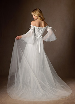 Azazie Stevie Final Sale Diamond White Nude A-Line Off the Shoulder Tulle Dress image2