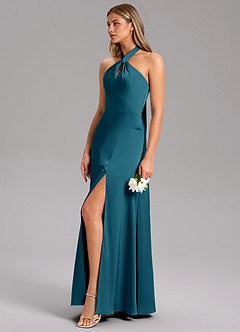 Azazie Tracie 신부 들러리 드레스 A라인 사이드 슬릿 스트레치 새틴 바닥 길이 드레스 image6