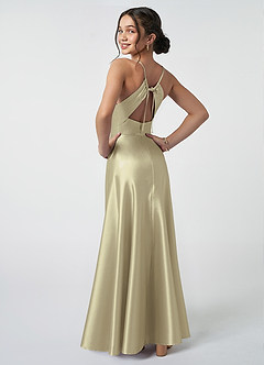 Azazie Avelina Junior Moss Green A-Line Pleated Metallic Satin Dress image2