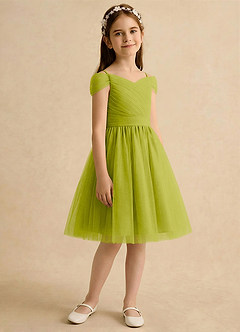 Azazie Lila Girls Formal Robe Demoiselle D'honneur Fillette Robe Trapèze en Tulle Épaule décolletée Citronnelle image5