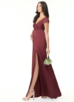 Azazie Allessia Robes de demoiselle d'honneur de maternité Robe Trapèze Plissée Longueur ras du sol Satin extensible image3