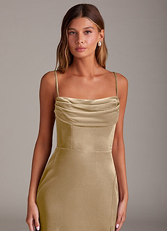 Azazie Saige Bridesmaid Dresses Golden Tan Sheath Off the Shoulder Velvet Convertible Dress image2