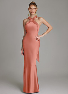Azazie Reign Bridesmaid Dresses Salmon Pink Mermaid Pleated Stretch Satin Dress image1