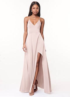 Azazie Maksim Bridesmaid Dresses Blushing Pink A-Line V-Neck Stretch Satin Dress image1