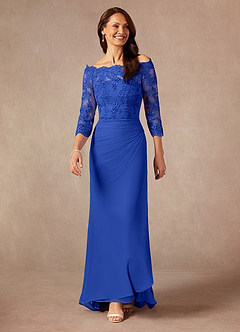 Azazie Rhonda Mother of the Bride Dresses Royal Blue Mermaid Off the Shoulder Mesh Dress image3