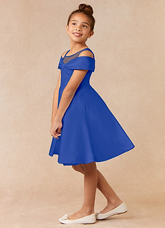 Azazie Shirin Robe Demoiselle D'honneur Fillette Robe Trapèze en Mat Satiné Épaule décolletée Bleu Roi image2