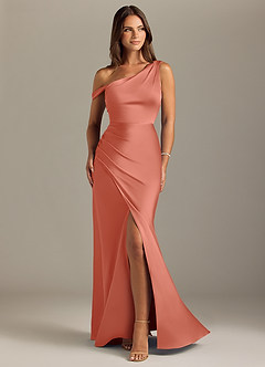 Azazie Madelyn Bridesmaid Dresses Salmon Pink Mermaid One Shoulder Stretch Satin Convertible Dress image1