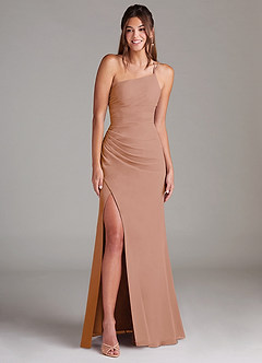 Azazie Eren Bridesmaid Dresses Champagne Rose Sheath One Shoulder Chiffon Dress image3