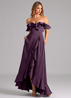 Azazie Lyra Bridesmaid Dresses Plum A-Line Off the Shoulder Stretch Satin Convertible Dress image3